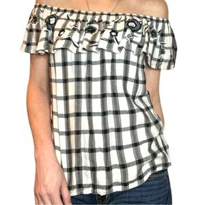 AS IS Dizzy Lizzy Medium Plaid Off Shoulder Embroidered Blouse